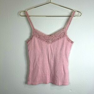 Nautica Pink Lace Trim Cami Tank Medium Stretch Ribbed Soft Cotton Lounge Top